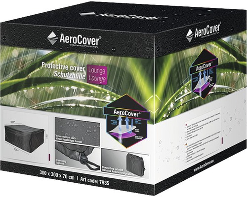 Verpackung einer AeroCover Schutzhülle für Lounge Möbel mit den Maßen 300 mal 300 mal 70 Zentimeter