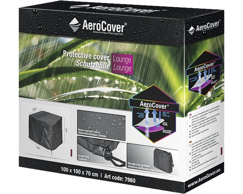 Verpackung einer Lounge Schutzhülle von AeroCover mit den Maßen 100 x 100 x 70 cm