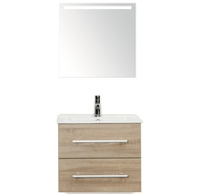 Badmöbel-Set Sanox Stretto BxHxT 61 x 170 x 39 cm Frontfarbe eiche grau mit Waschtisch Keramik weiß und Waschtischunterschrank Waschtisch Spiegel mit LED-Beleuchtung