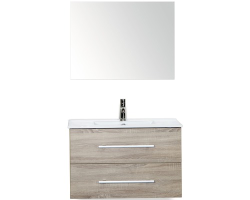Badmöbel-Set Sanox Stretto BxHxT 81 x 170 x 39 cm Frontfarbe eiche grau mit Waschtisch Keramik weiß und Waschtischunterschrank Waschtisch Spiegel