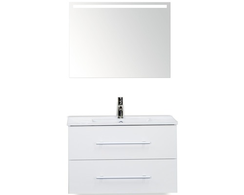 Badmöbel-Set Sanox Stretto BxHxT 81 x 170 x 39 cm Frontfarbe weiß hochglanz mit Waschtisch Keramik weiß und Waschtischunterschrank Waschtisch Spiegel mit LED-Beleuchtung