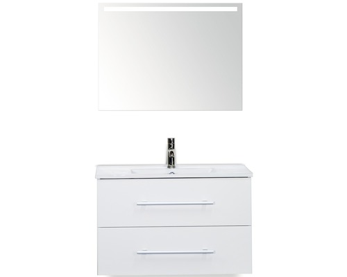Badmöbel-Set Sanox Stretto BxHxT 81 x 170 x 39 cm Frontfarbe weiß hochglanz mit Waschtisch Keramik weiß und Waschtischunterschrank Waschtisch Spiegel mit LED-Beleuchtung Waschtischunterschrank mit zwei Schubladen und Spiegel mit Beleuchtung
