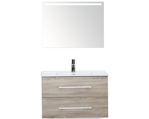 Badmöbel-Set Sanox Stretto BxHxT 81 x 170 x 39 cm Frontfarbe eiche grau mit Waschtisch Keramik weiß und Waschtischunterschrank Waschtisch Spiegel mit LED-Beleuchtung