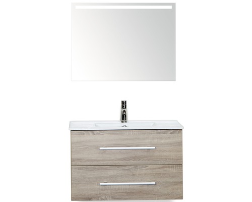 Badmöbel-Set Sanox Stretto BxHxT 81 x 170 x 39 cm Frontfarbe eiche grau mit Waschtisch Keramik weiß und Waschtischunterschrank Waschtisch Spiegel mit LED-Beleuchtung Waschtisch mit zwei Schubladen, Aufsatzwaschbecken, Armatur und beleuchtetem Spiegel