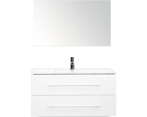 Badmöbel-Set Sanox Stretto BxHxT 101 x 170 x 39 cm Frontfarbe weiß hochglanz mit Waschtisch Keramik weiß und Waschtischunterschrank Waschtisch Spiegel