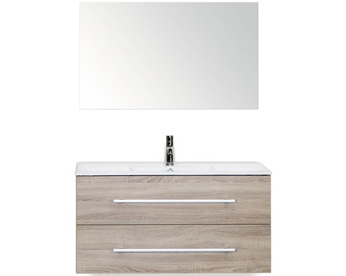 Badmöbel-Set Sanox Stretto BxHxT 101 x 170 x 39 cm Frontfarbe eiche grau mit Waschtisch Keramik weiß und Waschtischunterschrank Waschtisch Spiegel