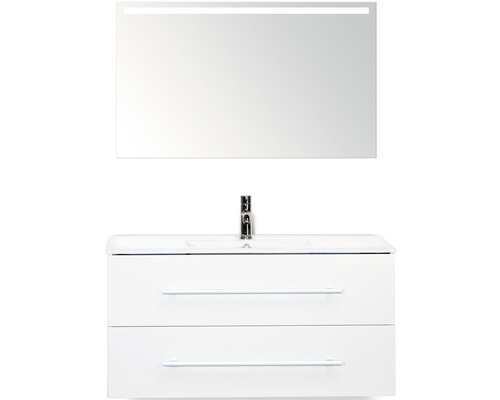 Badmöbel-Set Sanox Stretto BxHxT 101 x 170 x 39 cm Frontfarbe weiß hochglanz mit Waschtisch Keramik weiß und Waschtischunterschrank Waschtisch Spiegel mit LED-Beleuchtung