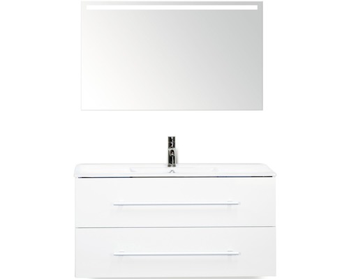 Badmöbel-Set Sanox Stretto BxHxT 101 x 170 x 39 cm Frontfarbe weiß hochglanz mit Waschtisch Keramik weiß und Waschtischunterschrank Waschtisch Spiegel mit LED-Beleuchtung Waschtisch mit zwei Schubladen, Waschbecken, Armatur und Spiegel mit Beleuchtung für das Badezimmer