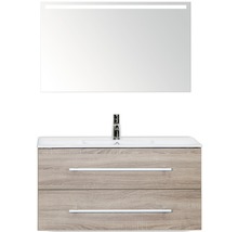 Badmöbel-Set Sanox Stretto BxHxT 101 x 170 x 39 cm Frontfarbe eiche grau mit Waschtisch Keramik weiß und Waschtischunterschrank Waschtisch Spiegel mit LED-Beleuchtung
