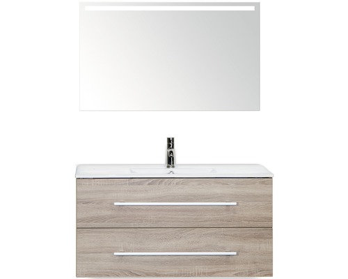 Badmöbel-Set Sanox Stretto BxHxT 101 x 170 x 39 cm Frontfarbe eiche grau mit Waschtisch Keramik weiß und Waschtischunterschrank Waschtisch Spiegel mit LED-Beleuchtung Waschtisch mit Spiegel und zwei Schubladen