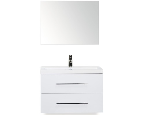 Badmöbel-Set Sanox Straight BxHxT 80 x 170 x 40 cm Frontfarbe weiß hochglanz mit Waschtisch Mineralguss weiß und Waschtischunterschrank Waschtisch Spiegel
