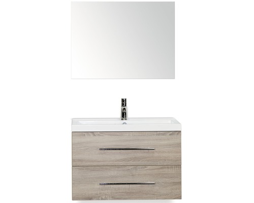 Badmöbel-Set Sanox Straight BxHxT 80 x 170 x 40 cm Frontfarbe eiche grau mit Waschtisch Mineralguss weiß und Waschtischunterschrank Waschtisch Spiegel