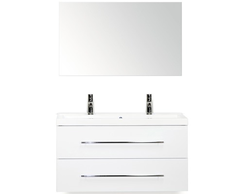 Badmöbel-Set Sanox Straight BxHxT 100 x 170 x 40 cm Frontfarbe weiß hochglanz mit Waschtisch Mineralguss weiß und Waschtischunterschrank Mineralguss-Doppelwaschtisch Spiegel