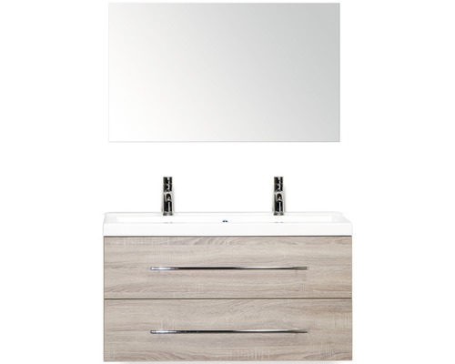 Badmöbel-Set Sanox Straight BxHxT 100 x 170 x 40 cm Frontfarbe eiche grau mit Waschtisch Mineralguss weiß und Waschtischunterschrank Spiegel Mineralguss-Doppelwaschtisch