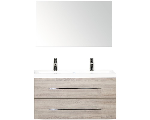 Badmöbel-Set Sanox Straight BxHxT 100 x 170 x 40 cm Frontfarbe eiche grau mit Waschtisch Mineralguss weiß und Waschtischunterschrank Spiegel Mineralguss-Doppelwaschtisch Waschtisch mit zwei Schubladen, zwei Wasserhähnen und Spiegel