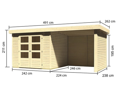 Abmessungen eines Gartenhauses mit Anbau