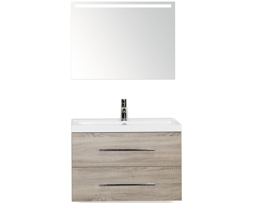 Badmöbel-Set Sanox Straight BxHxT 80 x 170 x 40 cm Frontfarbe eiche grau mit Waschtisch Mineralguss weiß und Waschtischunterschrank Waschtisch Spiegel mit LED-Beleuchtung
