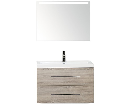 Badmöbel-Set Sanox Straight BxHxT 80 x 170 x 40 cm Frontfarbe eiche grau mit Waschtisch Mineralguss weiß und Waschtischunterschrank Waschtisch Spiegel mit LED-Beleuchtung Badezimmer Waschtischkombination mit Spiegel und zwei Schubladen