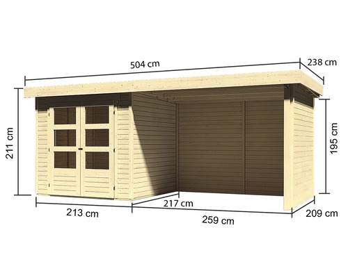 Abbildung eines Holzgartenhauses mit Maßangaben