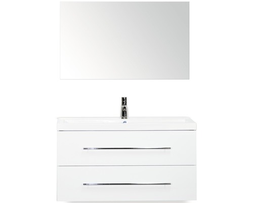 Badmöbel-Set Sanox Straight BxHxT 100 x 170 x 40 cm Frontfarbe weiß hochglanz mit Waschtisch Mineralguss weiß und Waschtischunterschrank Waschtisch Spiegel