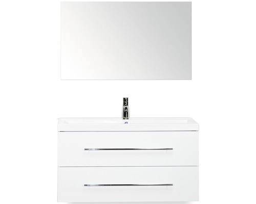 Badmöbel-Set Sanox Straight BxHxT 100 x 170 x 40 cm Frontfarbe weiß hochglanz mit Waschtisch Mineralguss weiß und Waschtischunterschrank Waschtisch Spiegel Waschtisch mit zwei Schubladen, Waschbecken und Spiegel