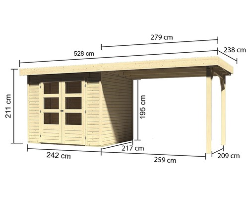 Illustration eines Gerätehauses aus Holz mit Maßangaben