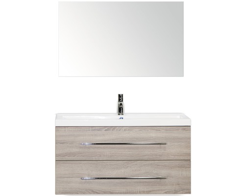 Badmöbel-Set Sanox Straight BxHxT 100 x 170 x 40 cm Frontfarbe eiche grau mit Waschtisch Mineralguss weiß und Waschtischunterschrank Waschtisch Spiegel