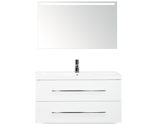 Badmöbel-Set Sanox Straight BxHxT 100 x 170 x 40 cm Frontfarbe weiß hochglanz mit Waschtisch Mineralguss weiß und Waschtischunterschrank Waschtisch Spiegel mit LED-Beleuchtung-0