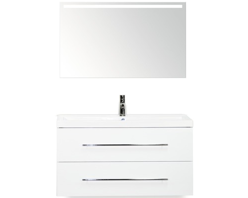 Badmöbel-Set Sanox Straight BxHxT 100 x 170 x 40 cm Frontfarbe weiß hochglanz mit Waschtisch Mineralguss weiß und Waschtischunterschrank Waschtisch Spiegel mit LED-Beleuchtung Waschtisch mit Unterschrank, zwei Schubladen, Aufsatzwaschbecken und Spiegel mit Beleuchtung