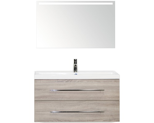 Badmöbel-Set Sanox Straight BxHxT 100 x 170 x 40 cm Frontfarbe eiche grau mit Waschtisch Mineralguss weiß und Waschtischunterschrank Waschtisch Spiegel mit LED-Beleuchtung