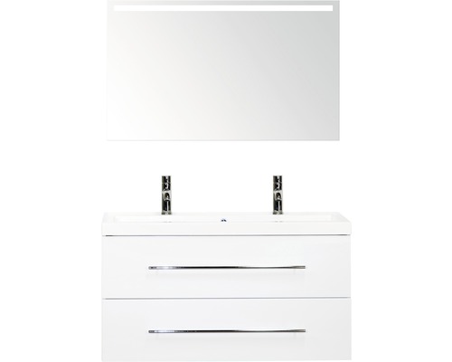 Badmöbel-Set Sanox Straight BxHxT 100 x 170 x 40 cm Frontfarbe weiß hochglanz mit Waschtisch Mineralguss weiß und Waschtischunterschrank Mineralguss-Doppelwaschtisch Spiegel mit LED-Beleuchtung Waschtisch mit zwei Schubladen, zwei Armaturen und beleuchtetem Spiegel