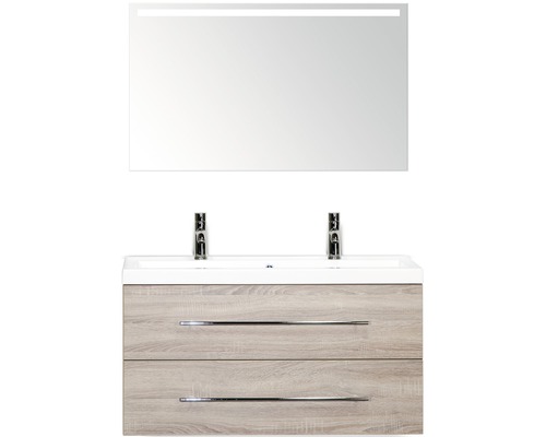 Badmöbel-Set Sanox Straight BxHxT 100 x 170 x 40 cm Frontfarbe eiche grau mit Waschtisch Mineralguss weiß und Waschtischunterschrank Spiegel mit LED-Beleuchtung Mineralguss-Doppelwaschtisch