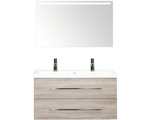Badmöbel-Set Sanox Straight BxHxT 100 x 170 x 40 cm Frontfarbe eiche grau mit Waschtisch Mineralguss weiß und Waschtischunterschrank Spiegel mit LED-Beleuchtung Mineralguss-Doppelwaschtisch Waschtisch mit Unterschrank, zwei Schubladen, zwei Armaturen und LED-Spiegel