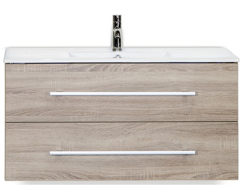Badmöbel-Set Sanox Stretto BxHxT 101 x 52 x 39 cm Frontfarbe eiche grau mit Waschtisch Keramik weiß Badmöbel-Set Sanox Stretto BxHxT 101 x 52 x 39 cm Frontfarbe eiche grau mit Waschtisch Keramik weiß