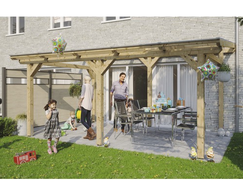 Terrassenüberdachung SKAN HOLZ Siena 541x300 cm natur Überdachte Terrasse mit Holzbalken, Tisch und Gästen im Garten.