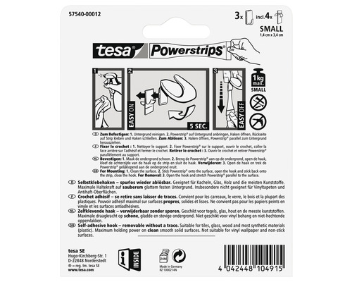 Tesa Powerstrips Haken klein, 3 Stück, inklusive 4 Klebestreifen zur spurlosen Befestigung
