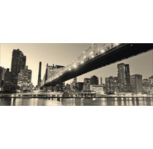 Schwarzweiß-Foto der Skyline von New York mit einer Brücke bei Nacht
