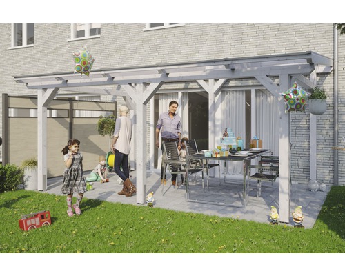 Terrassenüberdachung SKAN HOLZ Siena 541x300 cm weiß Familie feiert im Garten unter einem Holzpavillon mit Tisch und Stühlen