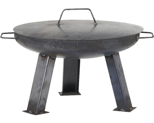 Feuerschale mit Deckel und drei Beinen aus Stahl