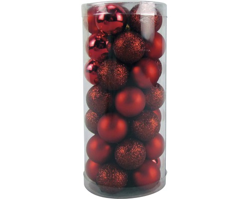Weihnachtsbaumkugeln Glas Ø 2,5 cm rot 35 Stück Verpackung mit roten Christbaumkugeln in verschiedenen Ausführungen