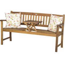 Gartenbank aus Holz mit zwei Kissen und integriertem Tisch