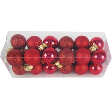 Verpackung mit mehreren roten Christbaumkugeln mit Glitzer, matter und glänzender Oberfläche
