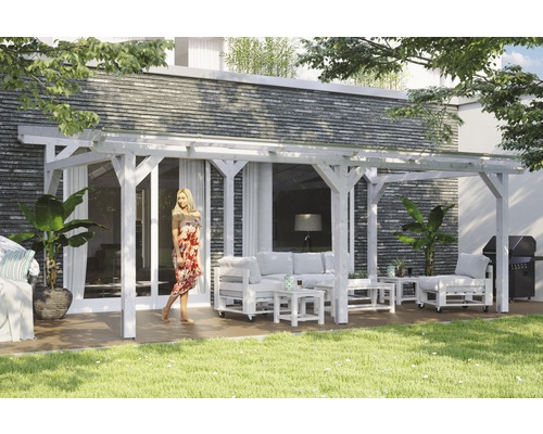 Terrassenüberdachung SKAN HOLZ Siena 648x400 cm weiß Terrasse mit Holzpergola und Gartenmöbeln aus Paletten