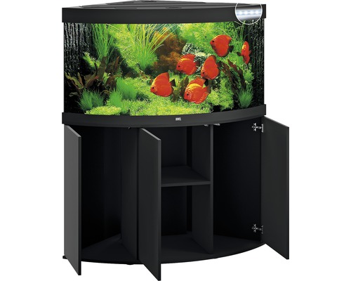 Eckaquarium mit Unterschrank, befüllt mit Fischen und Pflanzen.