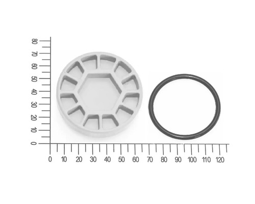 Ablasschraube für Vorfilter mit O-Ring für FQ-HWA 3.300 Hauswasserautomat (5813013) Kunststoffteil und O-Ring auf einem Lineal