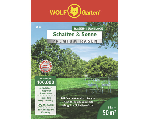 Rasensamen WOLF-Garten Premium Schatten-Sonne 1 kg 50 m² Wolf Garten Schatten und Sonne Premium Rasen Packung für die Rasenneuanlage