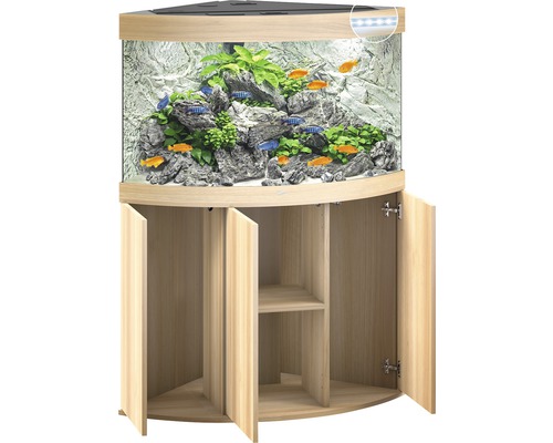 Eckaquarium mit Unterschrank, ausgestattet mit Fischen, Pflanzen und Steinen.
