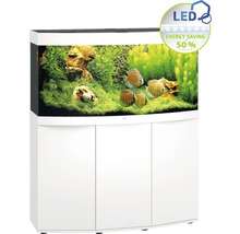 Komplettes Aquarium mit Unterschrank, inklusive LED-Beleuchtung und Energiesparhinweis.