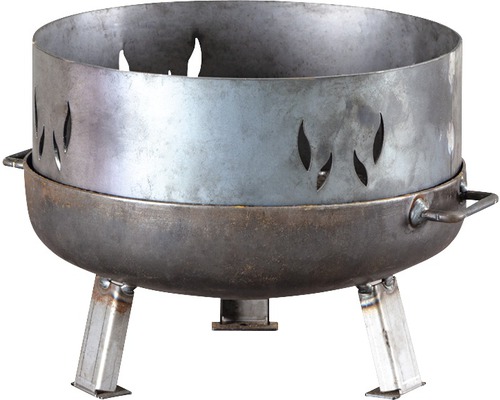 Feuerschale aus Metall mit drei Beinen und Flammenmuster