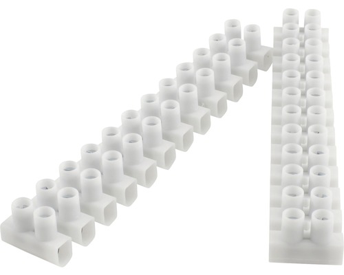 Zwei Reihen weiße Lüsterklemmen zur elektrischen Verbindung